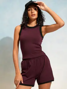 Tokyo Talkies Solid Round Neck Sleeveless Crop Top With Shorts Co-Ords