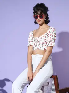 AAHWAN Floral Printed Tie-Up Neck Crop Top