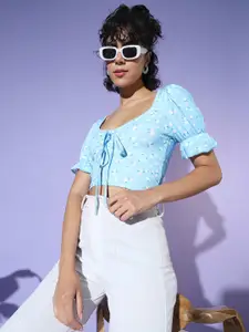 AAHWAN Floral Printed Tie-Up Neck Crop Top