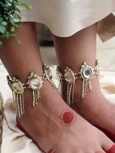 BeAbhika Set Of 2 Gold-Plated Kundan Studded & Beaded Anklets