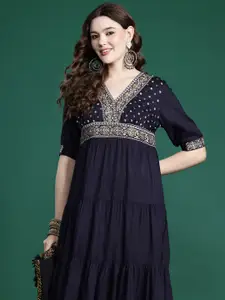 Sangria Ethnic Motifs Print Midi Tiered Dress