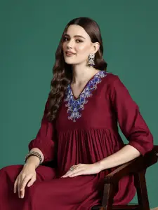 Sangria Embroidered Empire Ethnic Dress