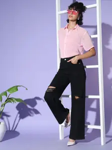 AAHWAN Self Design Spread Collar Semi Sheer Oversized Casual Shirt