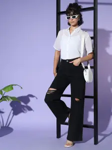 AAHWAN Self Design Spread Collar Semi Sheer Oversized Casual Shirt