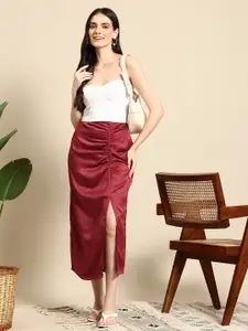 Mast & Harbour Satin-Finish Ruched Side-Slit Midi Skirt
