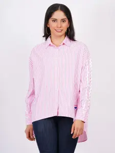 MINGLAY Women Relaxed Sheer Striped Casual Shirt