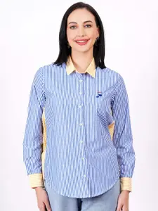 MINGLAY Women Relaxed Sheer Striped Casual Shirt