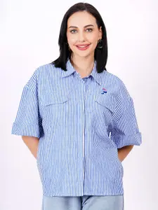 MINGLAY Women Relaxed Bengal Stripes Sheer Striped Casual Shirt