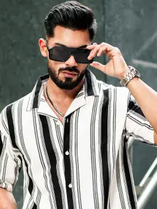 Maniac Comfort Vertical Striped Cuban Collar Drop-Shoulder Sleeves Oversized Casual Shirt