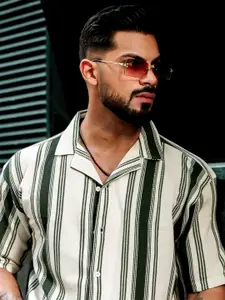 Maniac Comfort Vertical Striped Cuban Collar Drop-Shoulder Sleeves Oversized Casual Shirt