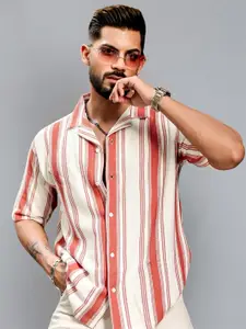 Maniac Comfort Vertical Striped Cuban Collar Drop-Shoulder Sleeves Oversized Casual Shirt