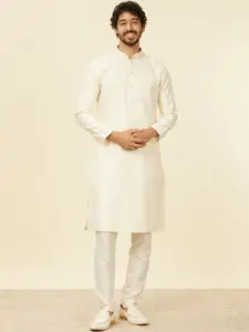 Manyavar Men Cream Art Silk Regular Beads and Stones Kurta with Pyjamas