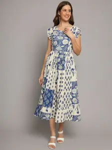 DECKEDUP Ethnic Motifs Print Fit & Flare Frilled Sleeve Midi Dress