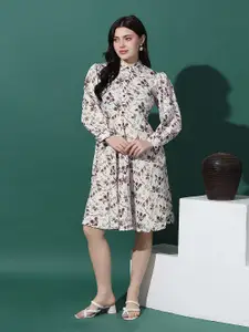 FASHION DREAM Floral Printed Cuffed Sleeves A-Line Dress