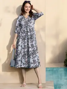 DressBerry Floral Print Puff Sleeve Fit & Flare Midi Dress