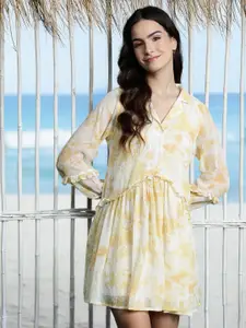 DressBerry Floral Print Puff Sleeve Ruffled A-Line Mini Dress