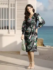 DressBerry Floral Print Satin-Finish A-Line Midi Dress