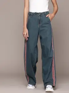 The Roadster Lifestyle Co. Women Pure Cotton Wide Leg Low-Rise Jeans with Side-Stripes
