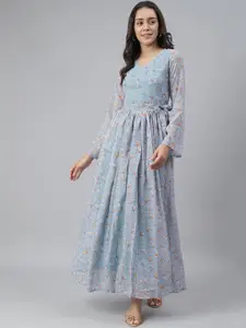 SCORPIUS Floral Print Bell Sleeve Chiffon Maxi Dress