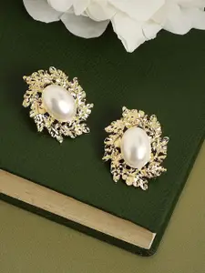 SOHI Gold Plated Stone Studded & Beaded Classic Stud Earrings