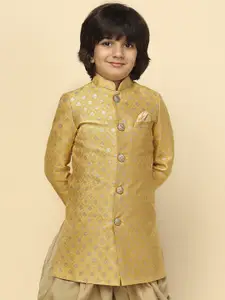 KISAH Boys Ethnic Woven Design Mandarin Collar Longline Indowestern Sherwani