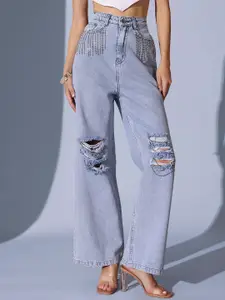 STREET 9 Women Comfort Relaxed Fit High-Rise Highly Distressed Heavy Fade Jeans