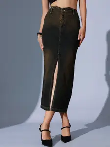 STREET 9 Woven Design Pencil Maxi Silt Denim Skirt