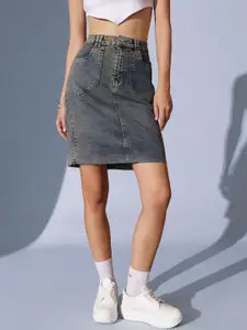 STREET 9 Woven Design A-Line Knee Length  Denim Skirt