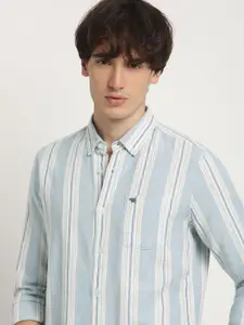 THE BEAR HOUSE Pure Cotton Striped Button-Down Collar Long Sleeves Slim Fit Casual Shirt