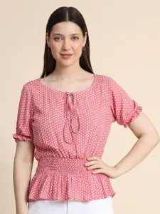 BAESD Polka Dots Printed Tie-Up Neck Smocked Cinched Waist Top