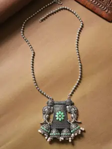 SOHI Silver-Plated Stones Studded & Beaded Elephant Shaped Oxidised Necklace