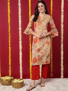 KALINI Women Ethnic Motifs Printed Flared Sleeves Mirror Work Kurta