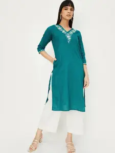max Floral Embroidered V-neck Three-Quarter Sleeves Thread Work Kurta