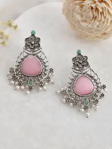 DASTOOR Silver-Plated Stone-Studded & Beaded Oxidised Contemporary Drop Earrings