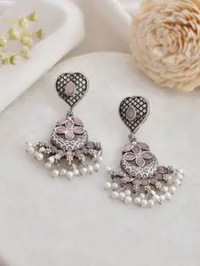 DASTOOR Silver Plated Stone Studded & Beaded Contemporary Oxidise Drop Earrings