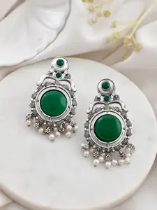 DASTOOR Silver-Plated Stone-Studded & Beaded Oxidised Contemporary Drop Earrings