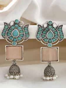 DASTOOR Silver-Plated Stone-Studded & Beaded Dome Shaped Oxidised Jhumkas