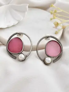 DASTOOR Silver-Plated Stone-Studded & Beaded Contemporary Studs Earrings