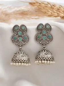 DASTOOR Silver-Plated Oxidised Contemporary Jhumkas Earrings