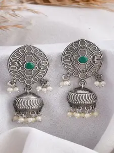 DASTOOR Silver-Plated Stone Studded & Beaded Contemporary Oxidise Jhumkas