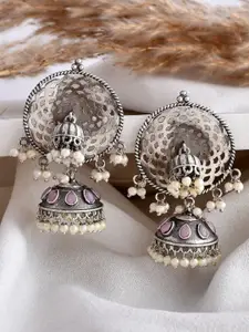 DASTOOR Silver Plated Stone Studded & Beaded Contemporary Oxidise Jhumkas