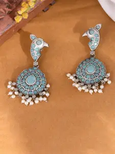 DASTOOR Silver-Plated Stone-Studded & Beaded Oxidised Contemporary Drop Earrings