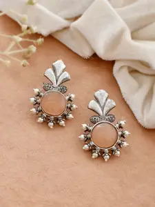 DASTOOR Silver Plated Stone Studded & Beaded Contemporary Oxidise Stud Earrings