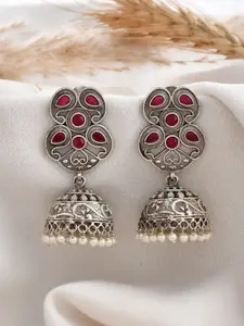 DASTOOR Silver Plated Stone Studded & Beaded Contemporary Oxidise Jhumkas