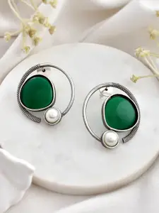 DASTOOR Silver-Plated Stone Studded & Beaded Contemporary Oxidise Stud Earrings