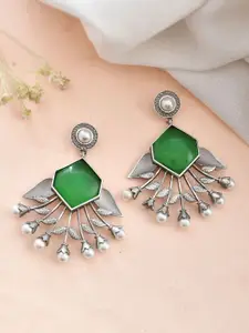 DASTOOR Silver-Plated Stone-Studded & Beaded Oxidised Contemporary Drop Earrings