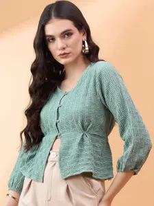 all about you Self Design V-Neck Cinched Waist Crop Top