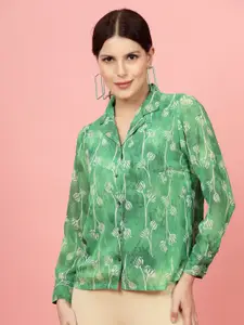 plusS Green Floral Printed Cuban Collar Casual Shirt
