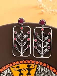 Voylla Silver Plated Contemporary Oxidised Stone Studded Drop Earrings