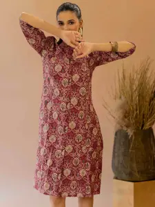 KALINI Ajrakh Printed Kantha Work Mandarin Collar Cotton A-line Kurta